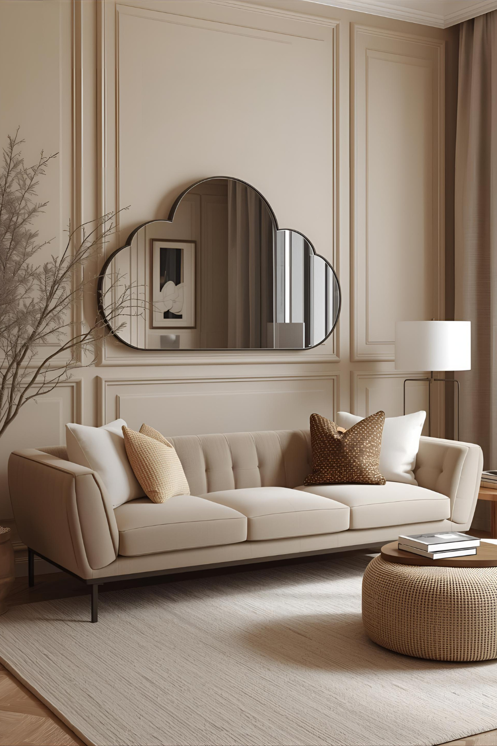 Scandinavian-style living room with beige panel wall, cloud-shaped mirror, 
      beige rug, and floor lamp. The soft color palette and minimal decor create a serene and modern Nordic atmosphere.